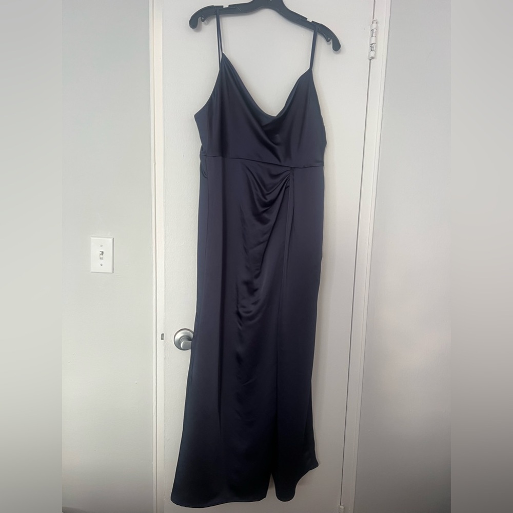 Dessy Group CowlNeck Draped Wrap Maxi Dress with Front Slit in Midnight Navy